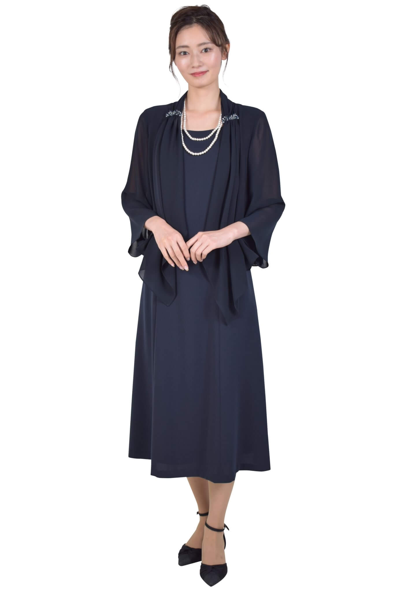 Yukiko Kimijima 東京ソワール羽織付き風濃ネイビーミモレ丈ドレス