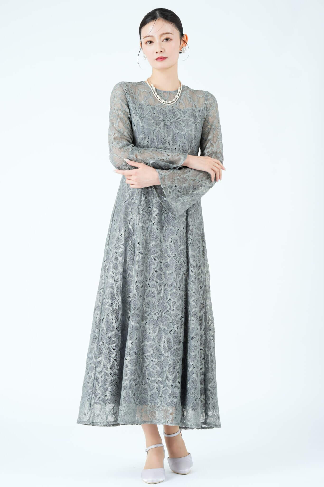 AIMER 陰影フラワーレースくすみブルードレス 