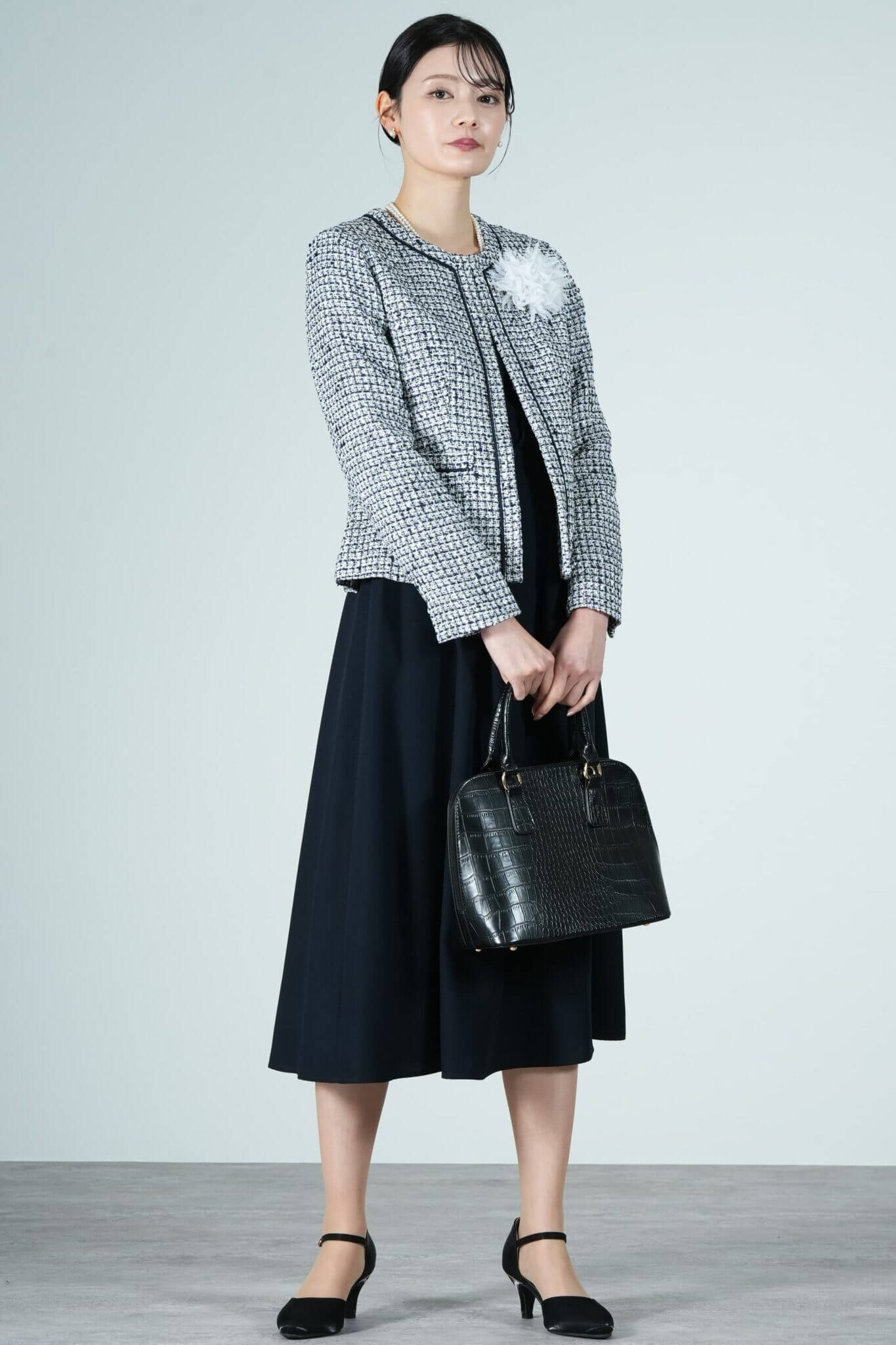 ミックスツイード×ネイビーワンピースセット https://dress-cons.com/product/p/6362