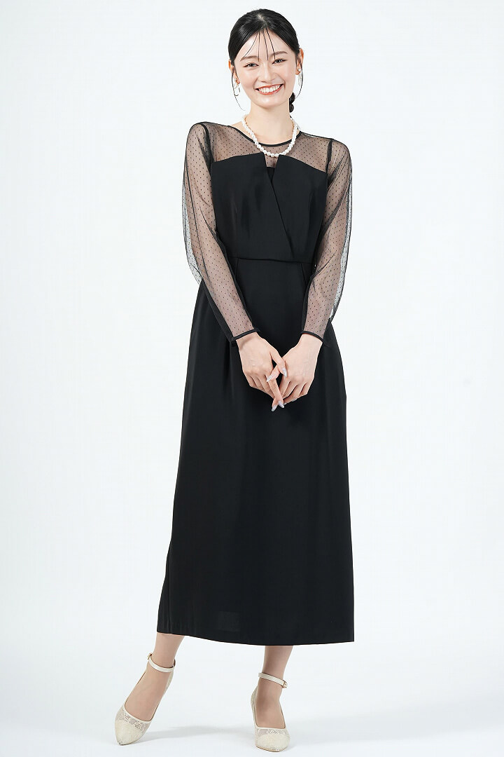 UNITED ARROWS green label relaxing レイヤード風ドットチュールブラックドレス 
